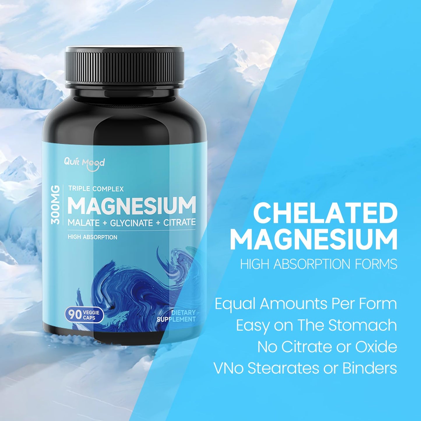 Quitmood Triple Magnesium Complex | 300mg of Magnesium Glycinate, Malate, & Citrate for Muscles, Nerves, & Energy | High Absorption | Vegan, Non-GMO | 90 Capsules