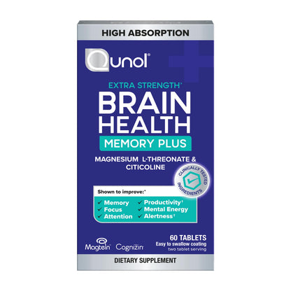 Qunol Brain Health Memory Plus | Magnesium L-Threonate & Cognizin Citicoline for Memory, Focus & Productivity (60 Count)