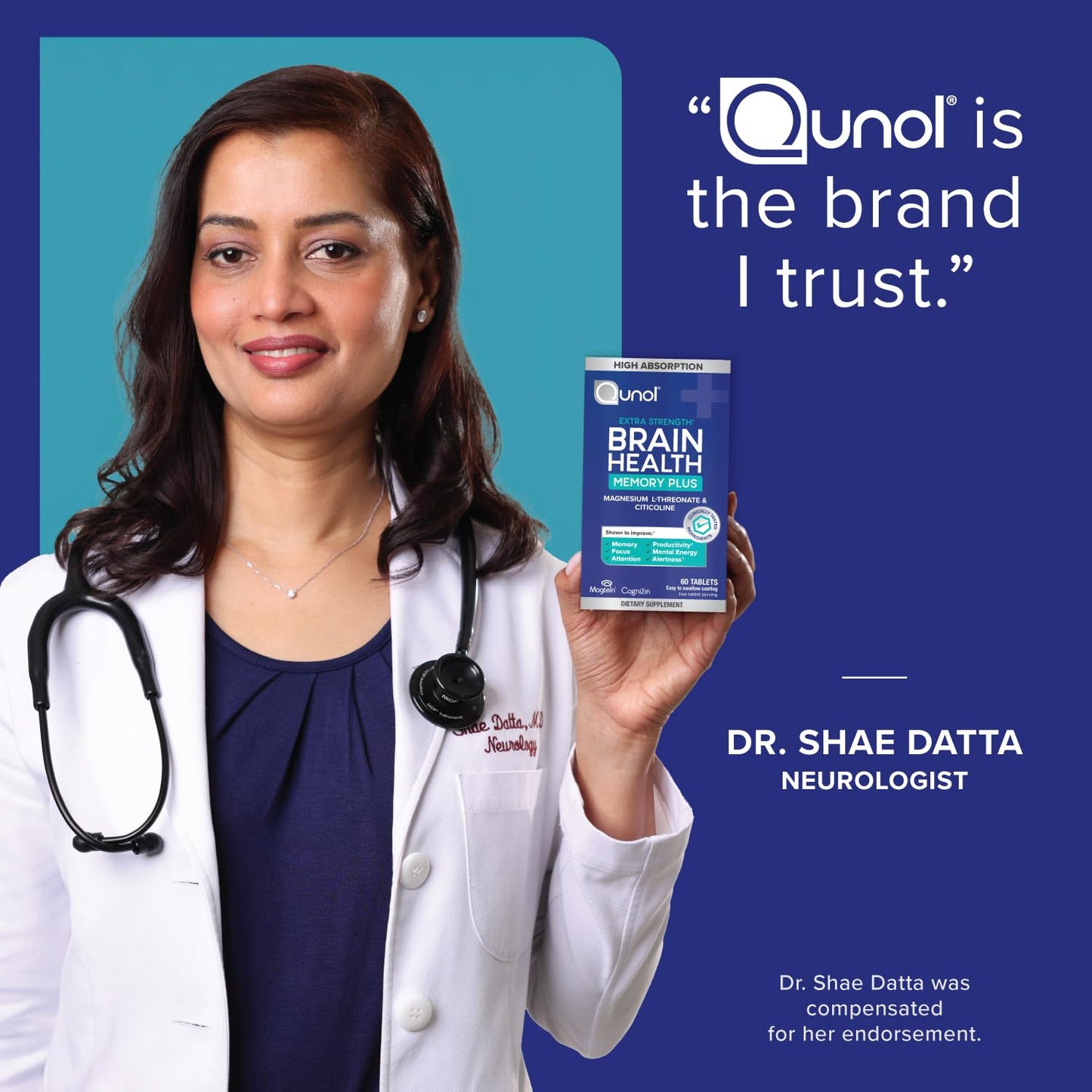 Qunol Brain Health Memory Plus | Magnesium L-Threonate & Cognizin Citicoline for Memory, Focus & Productivity (60 Count)