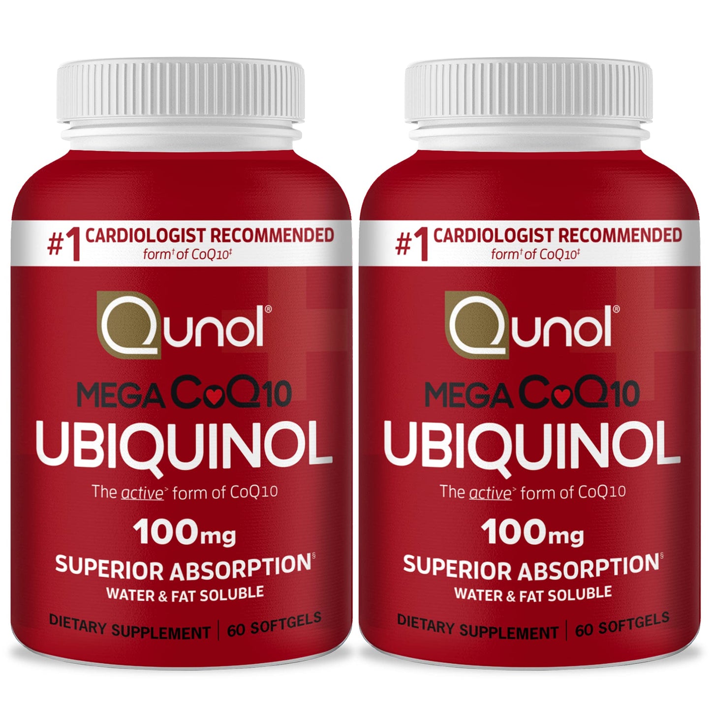 Qunol Mega Ubiquinol CoQ10 100mg – Superior Absorption, Water & Fat-Soluble CoQ10 | 60 Softgels (Pack of 2)