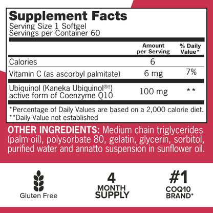 Qunol Mega Ubiquinol CoQ10 100mg – Superior Absorption, Water & Fat-Soluble CoQ10 | 60 Softgels (Pack of 2)