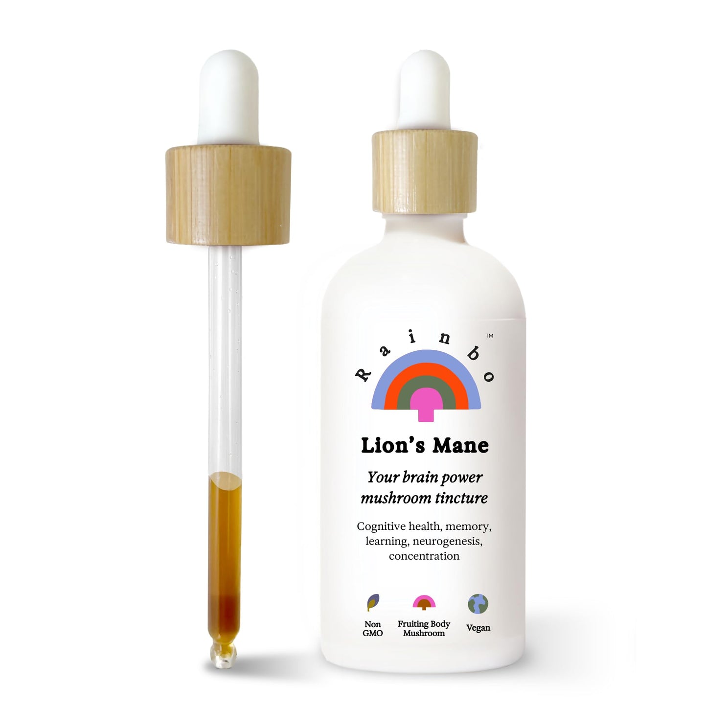 Rainbo Lion's Mane Mushroom Tincture – Alcohol-Free Dual Extract | Brain Health & Focus | Vegan 3.4 fl oz
