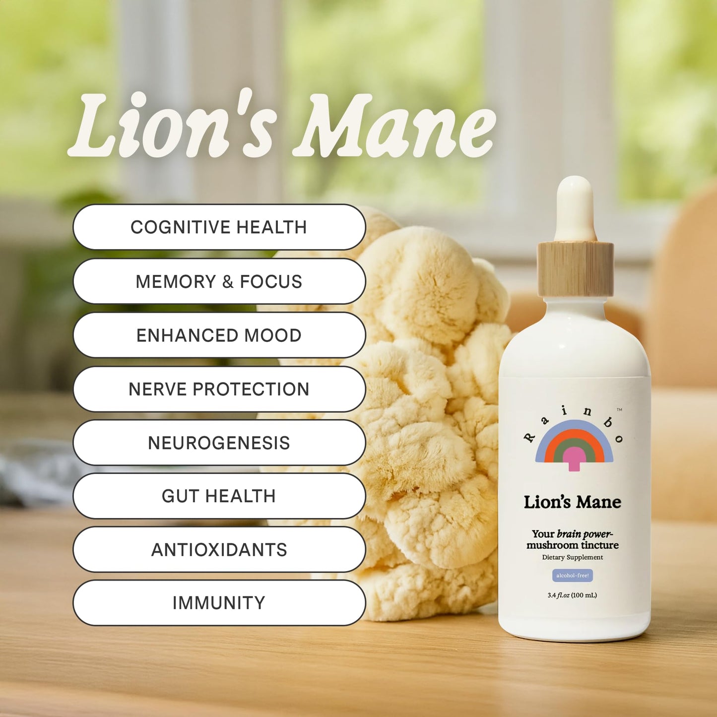 Rainbo Lion's Mane Mushroom Tincture – Alcohol-Free Dual Extract | Brain Health & Focus | Vegan 3.4 fl oz