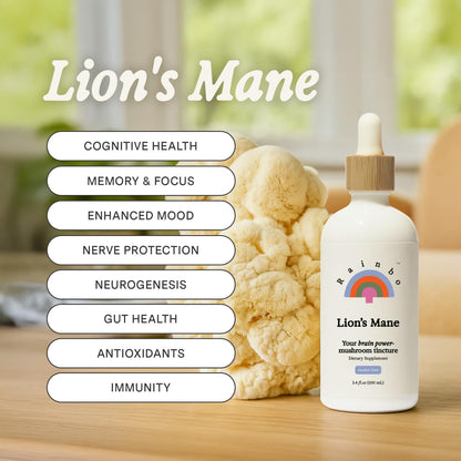 Rainbo Lion's Mane Mushroom Tincture – Alcohol-Free Dual Extract | Brain Health & Focus | Vegan 3.4 fl oz
