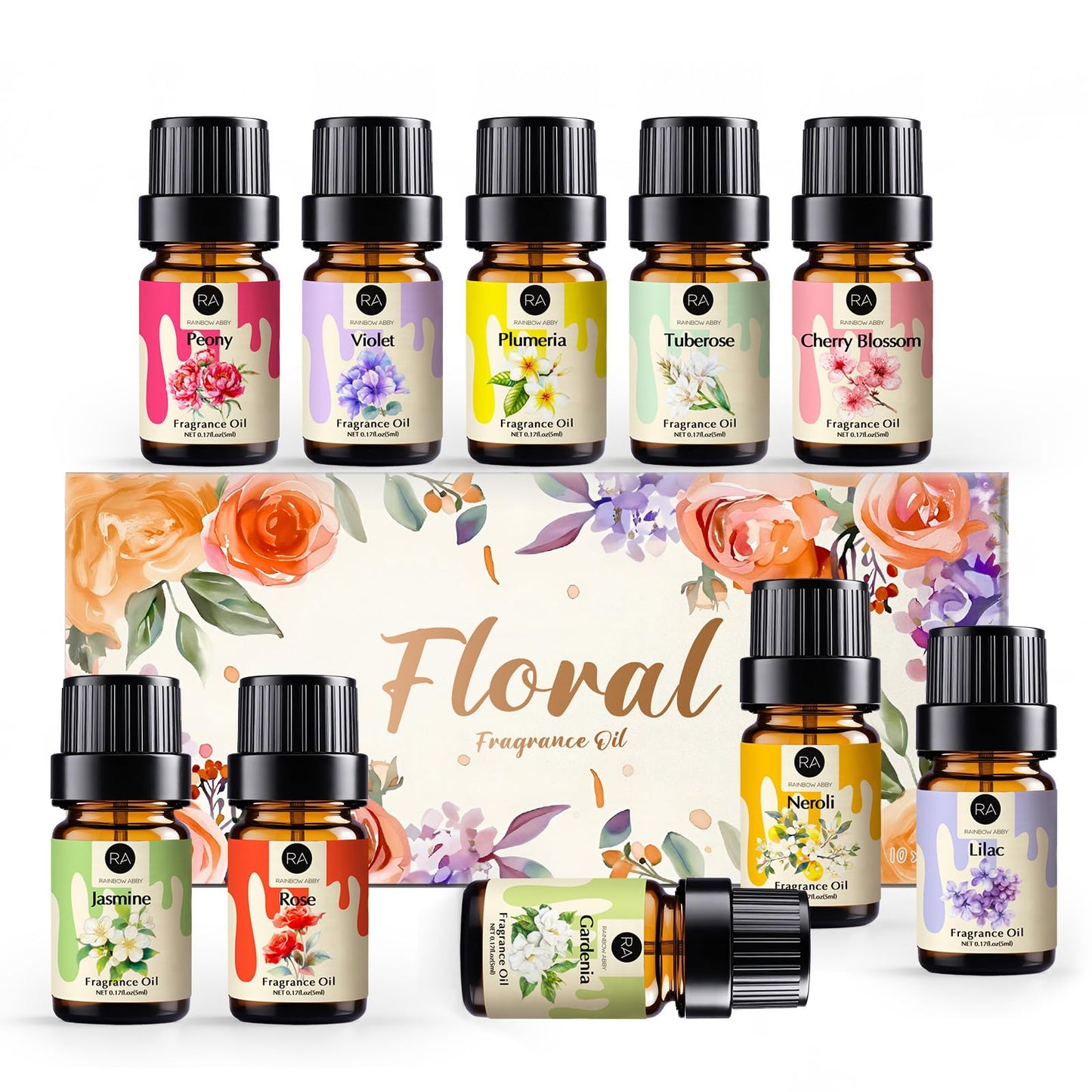 RAINBOW ABBY Floral Essential Oils Set - 10 Floral Scents, 5ml Bottles for Candle & Soap Making