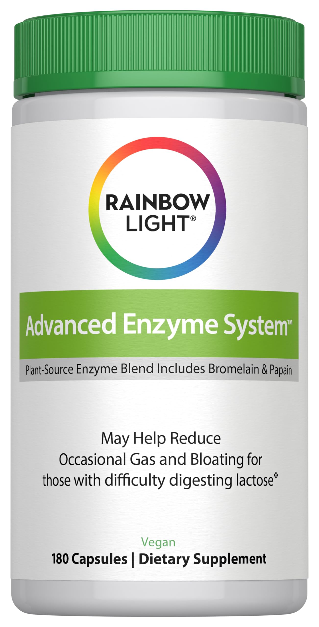 Rainbow Light Advanced Enzyme System – Plant-Source Enzyme Blend, 180 Capsules (Package May Vary)