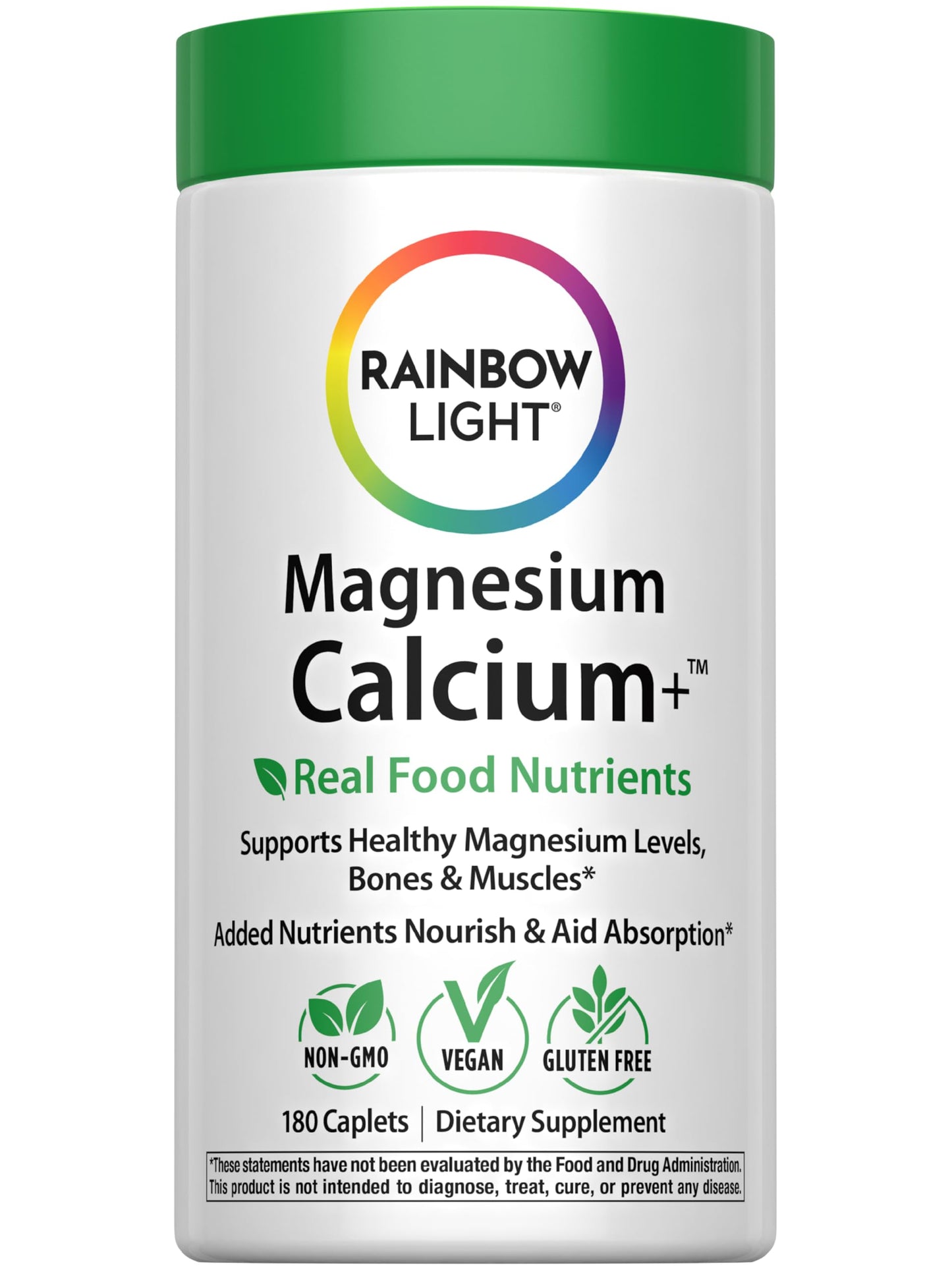 Rainbow Light Magnesium Calcium + Food Based Tablets – 180 Tablets | Magnesium 2:1 with Vitamin D & Spirulina