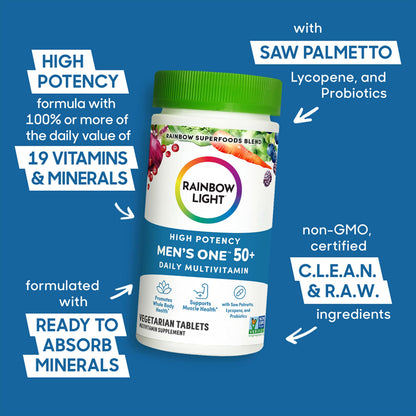 Rainbow Light Men's One 50+ Multivitamin – High Potency Immune Support, Vitamin C, D & Zinc, Vegetarian & Non-GMO
