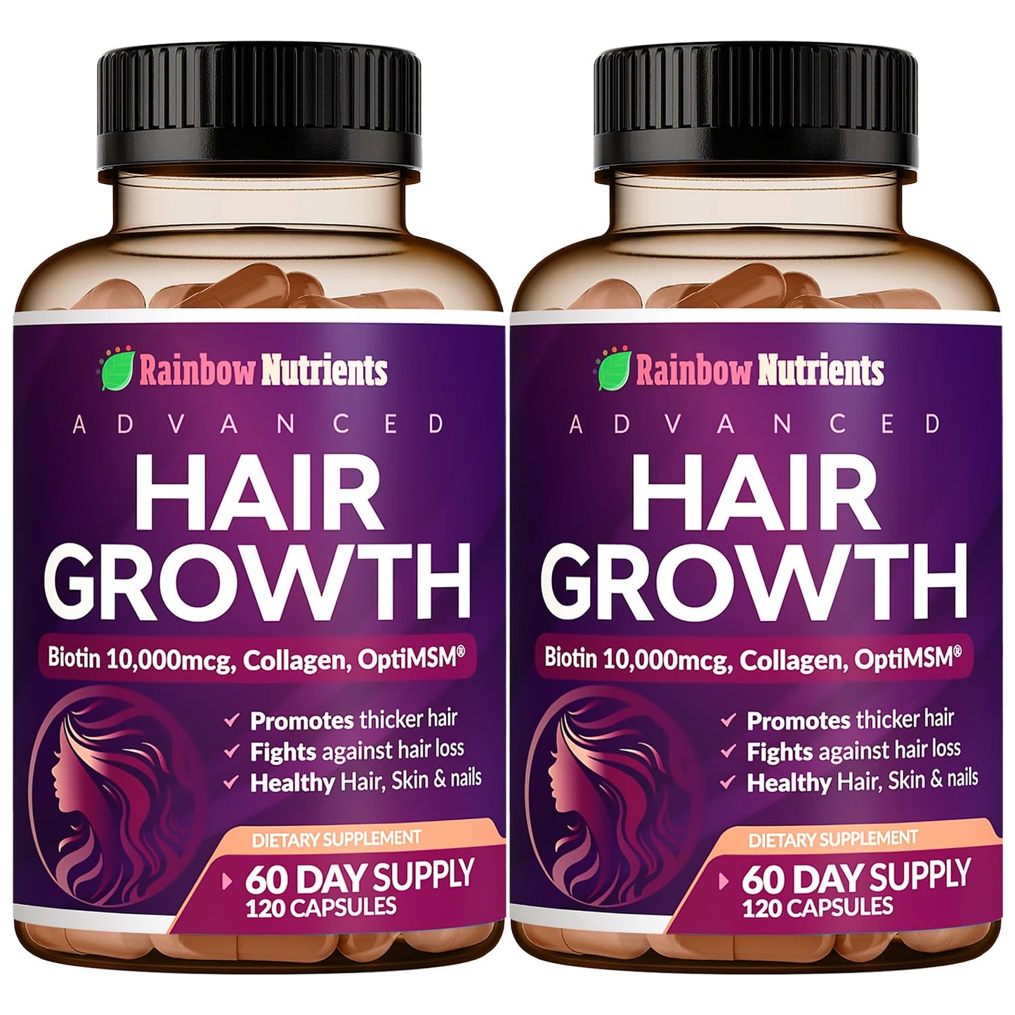 Rainbow Nutrients Hair Growth Vitamins for Women – 2 Pack with Biotin 10,000 mcg, Collagen, OptiMSM, Saw Palmetto