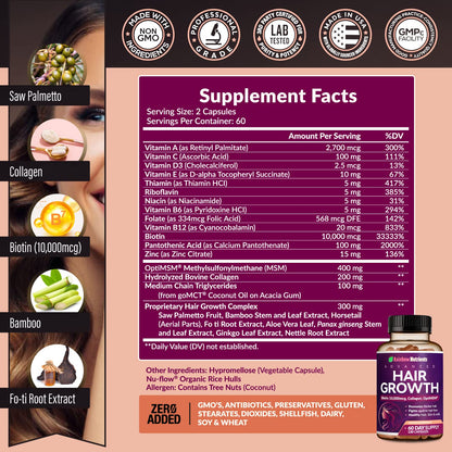 Rainbow Nutrients Hair Growth Vitamins for Women – 2 Pack with Biotin 10,000 mcg, Collagen, OptiMSM, Saw Palmetto