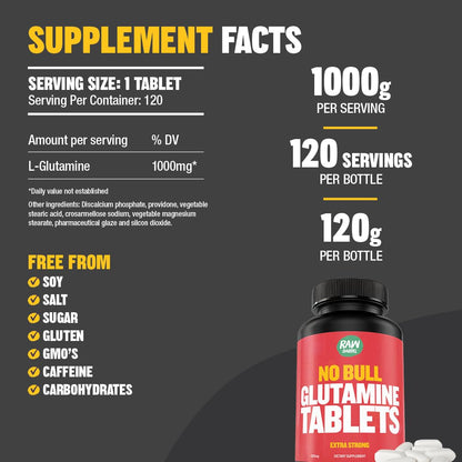 Raw Barrel No Bull L-Glutamine Tablets 1000mg | Non-GMO, Vegan, Gluten-Free