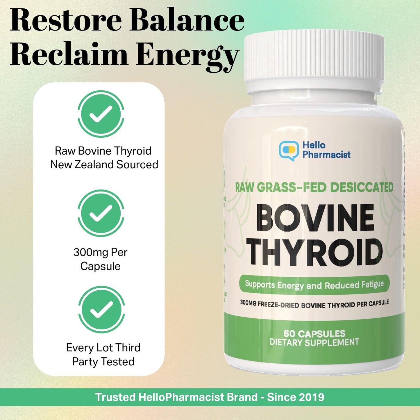 HelloPharmacist Raw Desiccated Bovine Thyroid 300mg Capsule – NZ Grass-Fed, Non-GMO, 60 Capsules