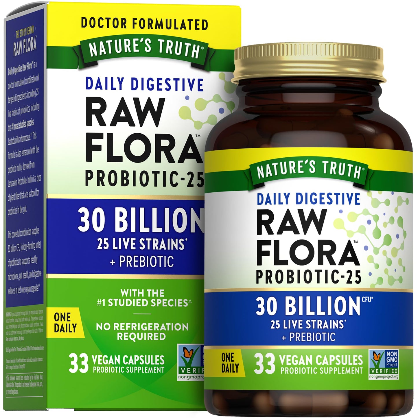 Raw Flora Probiotics with Prebiotics – 30B CFU, 33 Daily Capsules | Vegan, Non-GMO & Gluten Free