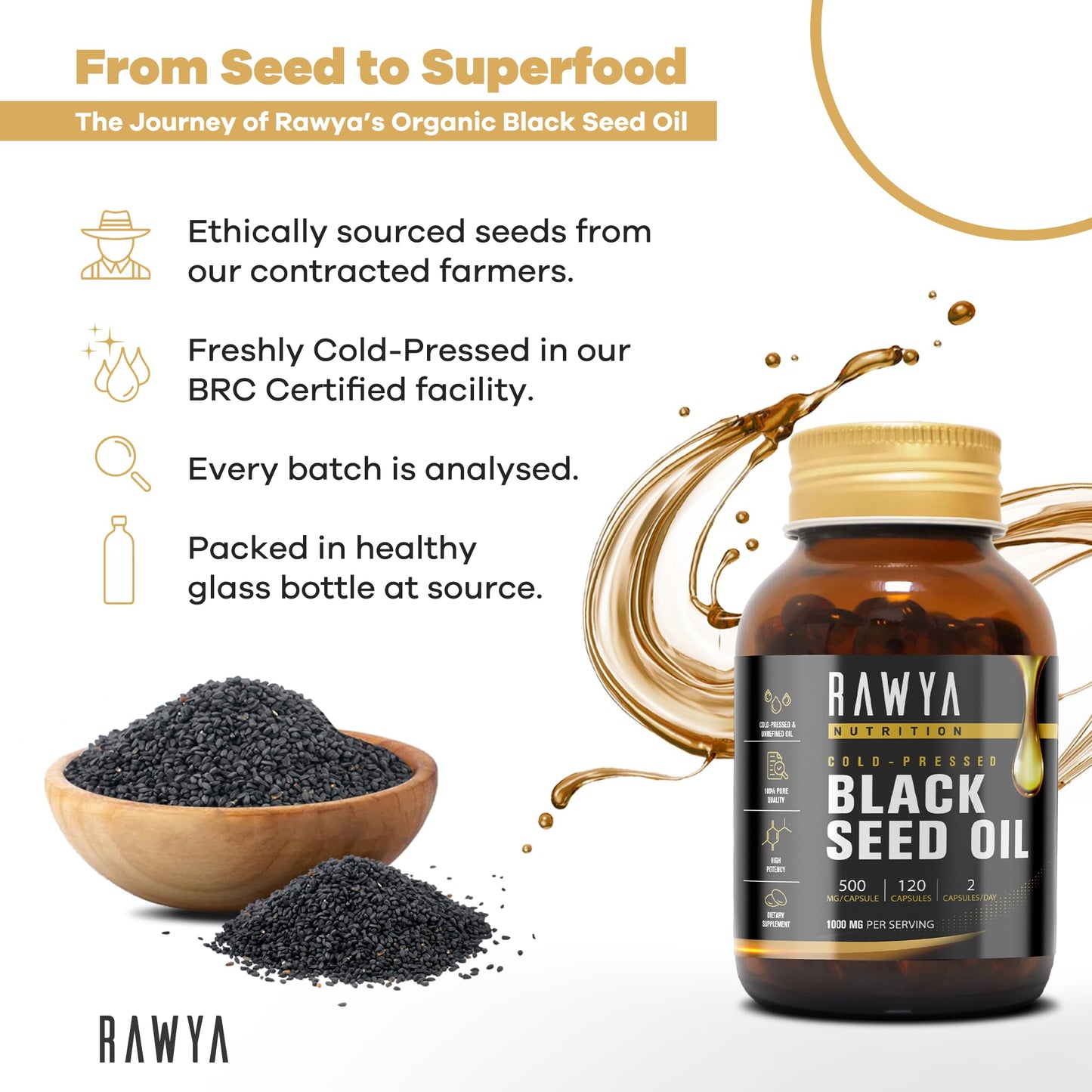 RAWYA Black Seed Oil Softgel Capsules - Halal, Premium Cold-Pressed Nigella Sativa, Non-GMO, 500mg per Capsule - 120 Count