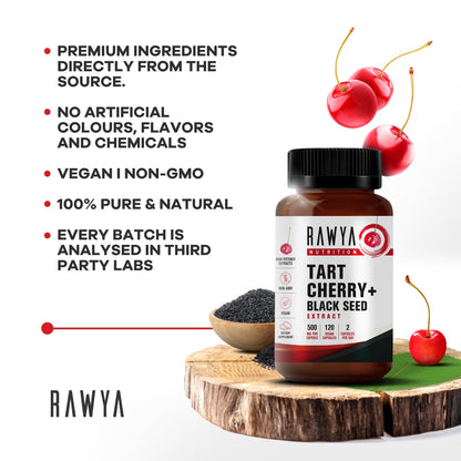 RAWYA Tart Cherry & Black Seed Oil – 500mg Capsules | Gluten Free 120 Count