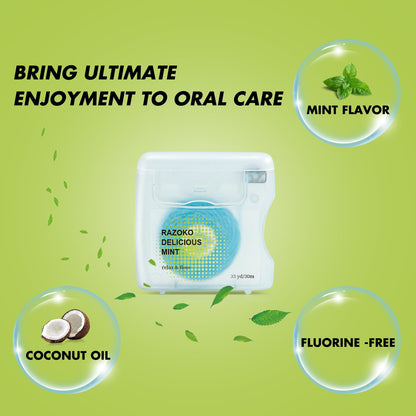 RAZOKO Coconut Oil Infused Woven Dental Floss – Vegan, Cruelty-Free, Mint (33 Yds x 1)