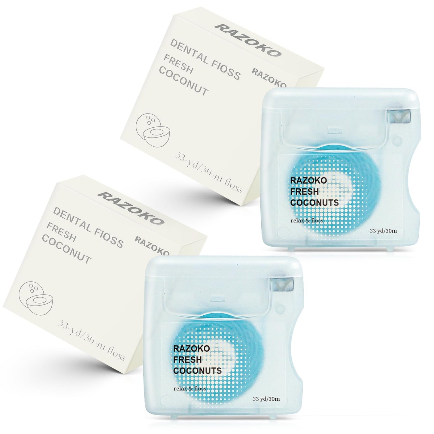 RAZOKO Coconut Oil Infused Woven Dental Floss – Vegan, Cruelty-Free, Coconut Scent (4-Month Supply)
