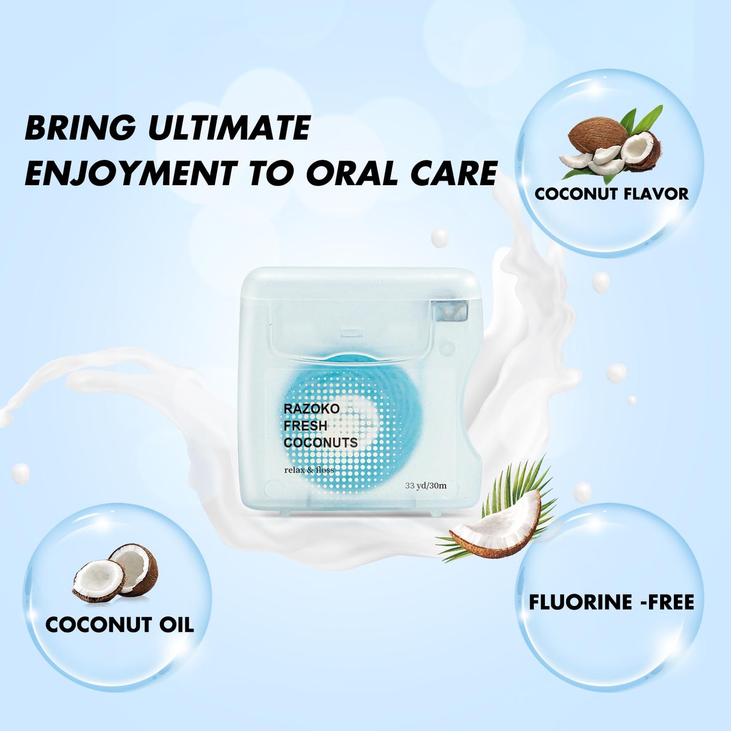 RAZOKO Coconut Oil Infused Woven Dental Floss – Vegan, Cruelty-Free, Coconut Scent (4-Month Supply)