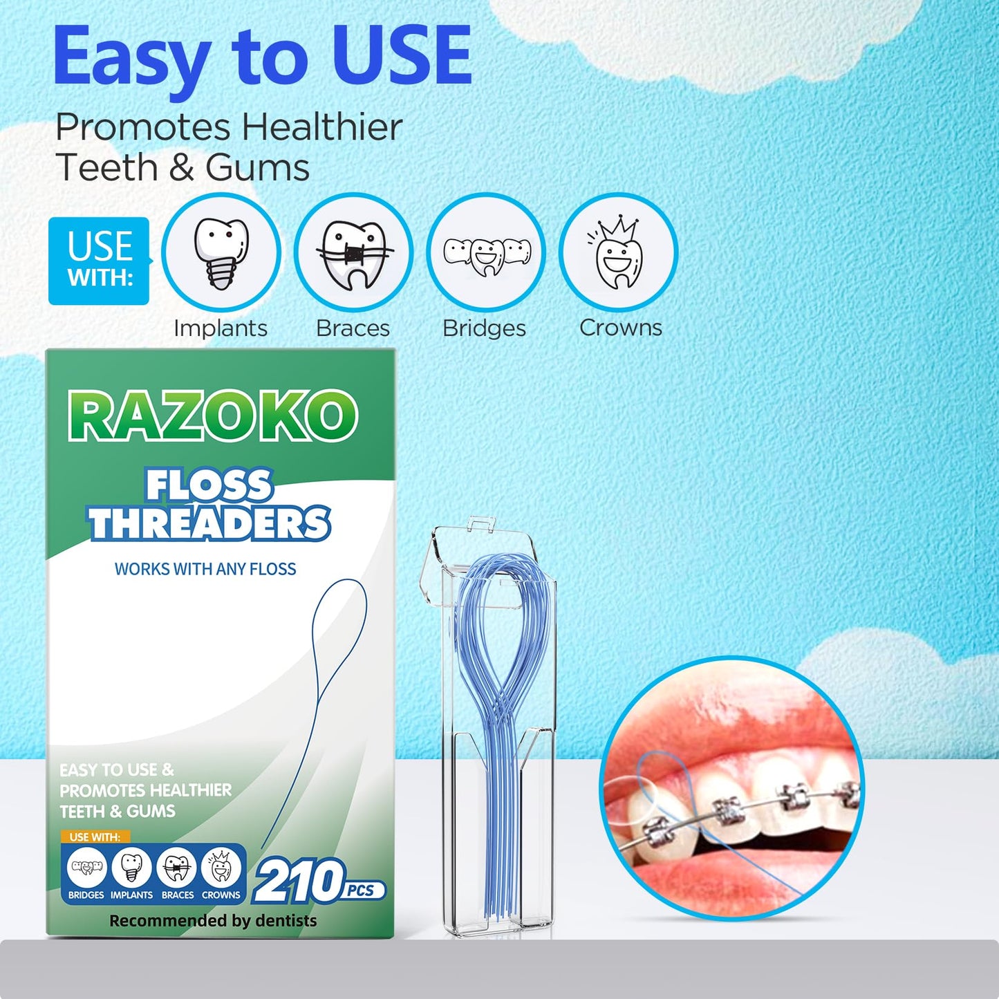 RAZOKO Floss Threaders | Dental Floss Threaders for Braces, Bridges, and Implants |210PCS (Pack of 3)