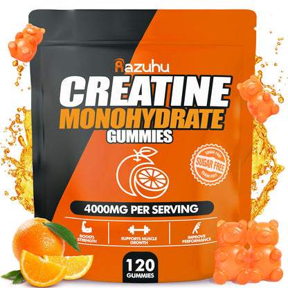 Razuhu Creatine Monohydrate Gummies – 4g per Serving, Sugar Free, Vegan, Orange, 120 Count