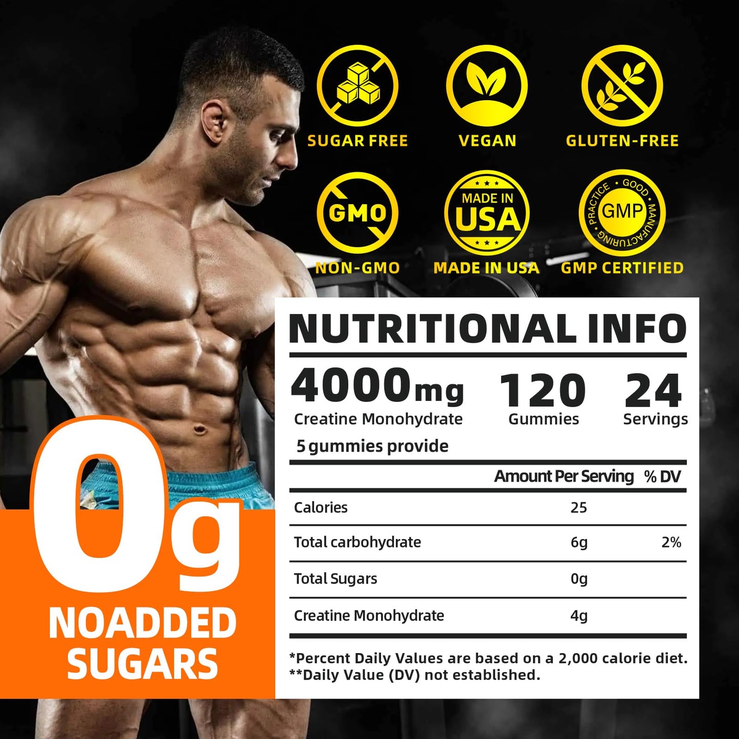 Razuhu Creatine Monohydrate Gummies – 4g per Serving, Sugar Free, Vegan, Orange, 120 Count