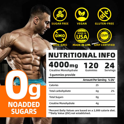 Razuhu Creatine Monohydrate Gummies – 4g per Serving, Sugar Free, Vegan, Orange, 120 Count