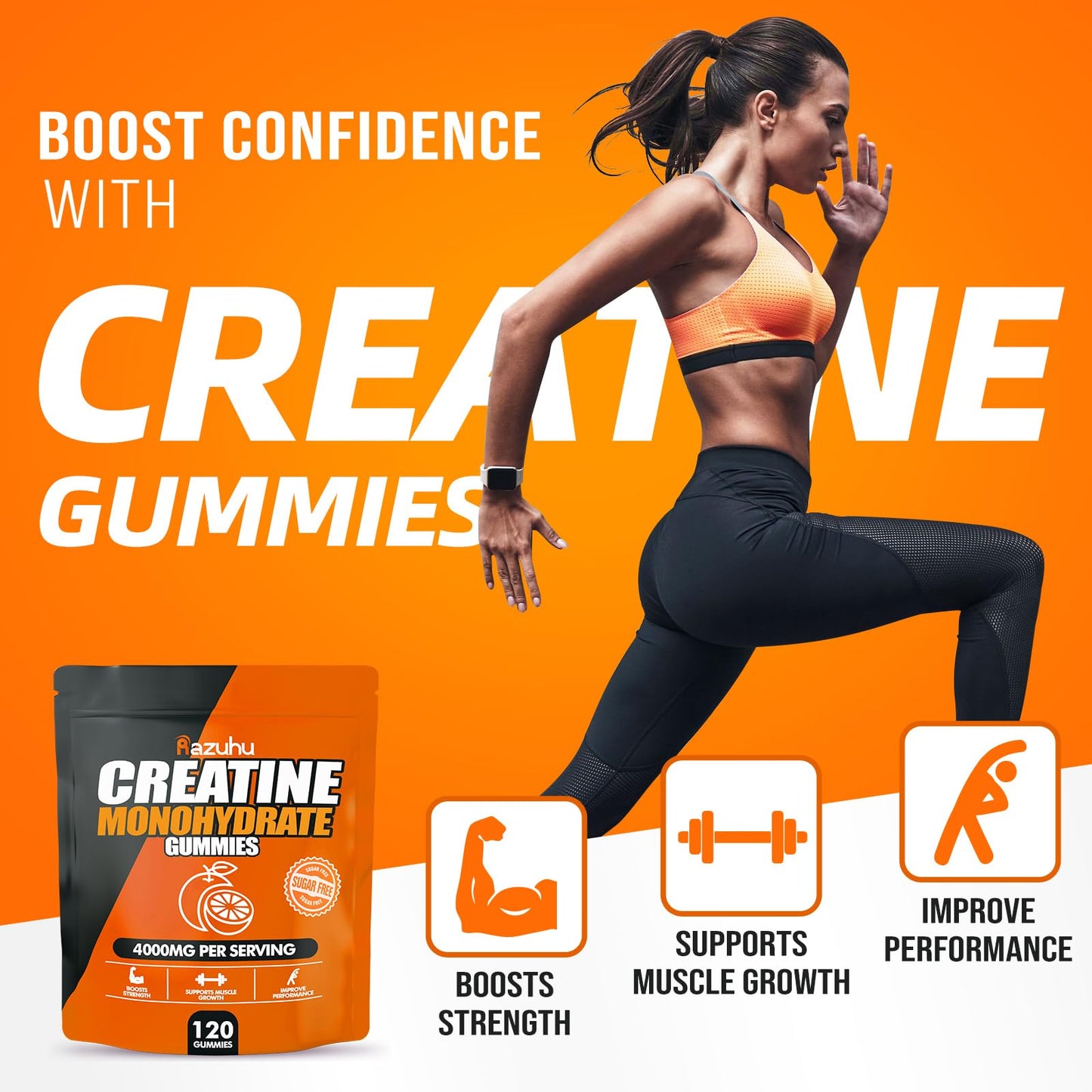 Razuhu Creatine Monohydrate Gummies – 4g per Serving, Sugar Free, Vegan, Orange, 120 Count