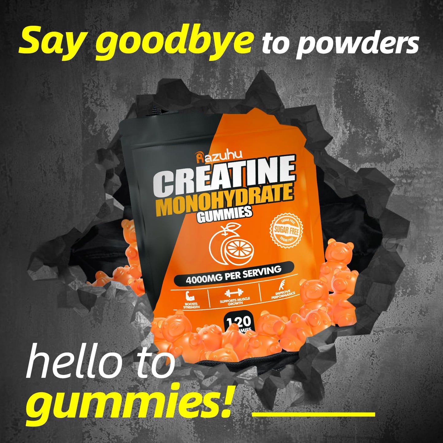 Razuhu Creatine Monohydrate Gummies – 4g per Serving, Sugar Free, Vegan, Orange, 120 Count