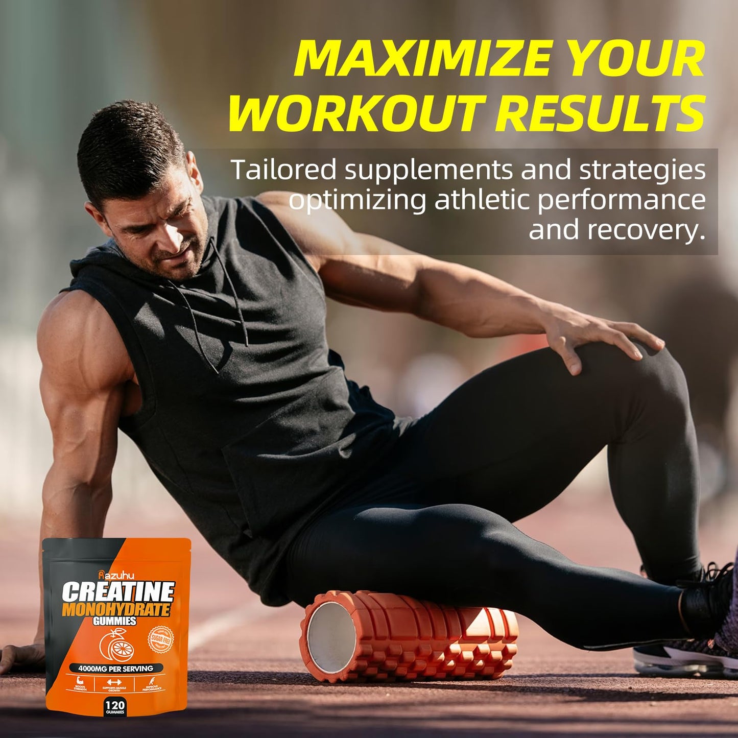 Razuhu Creatine Monohydrate Gummies – 4g per Serving, Sugar Free, Vegan, Orange, 120 Count