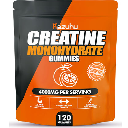 Razuhu Creatine Monohydrate Gummies – 4g per Serving, Sugar Free, Vegan, Orange, 120 Count