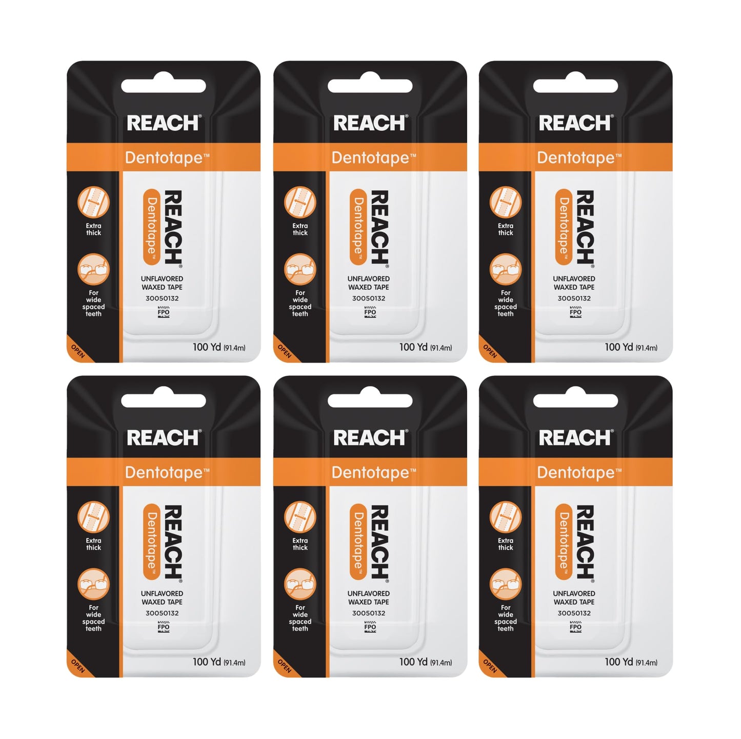 REACH Dentotape Waxed Dental Floss Tape – Extra-Wide, PFAS-Free, 100 yd (6 Pack)