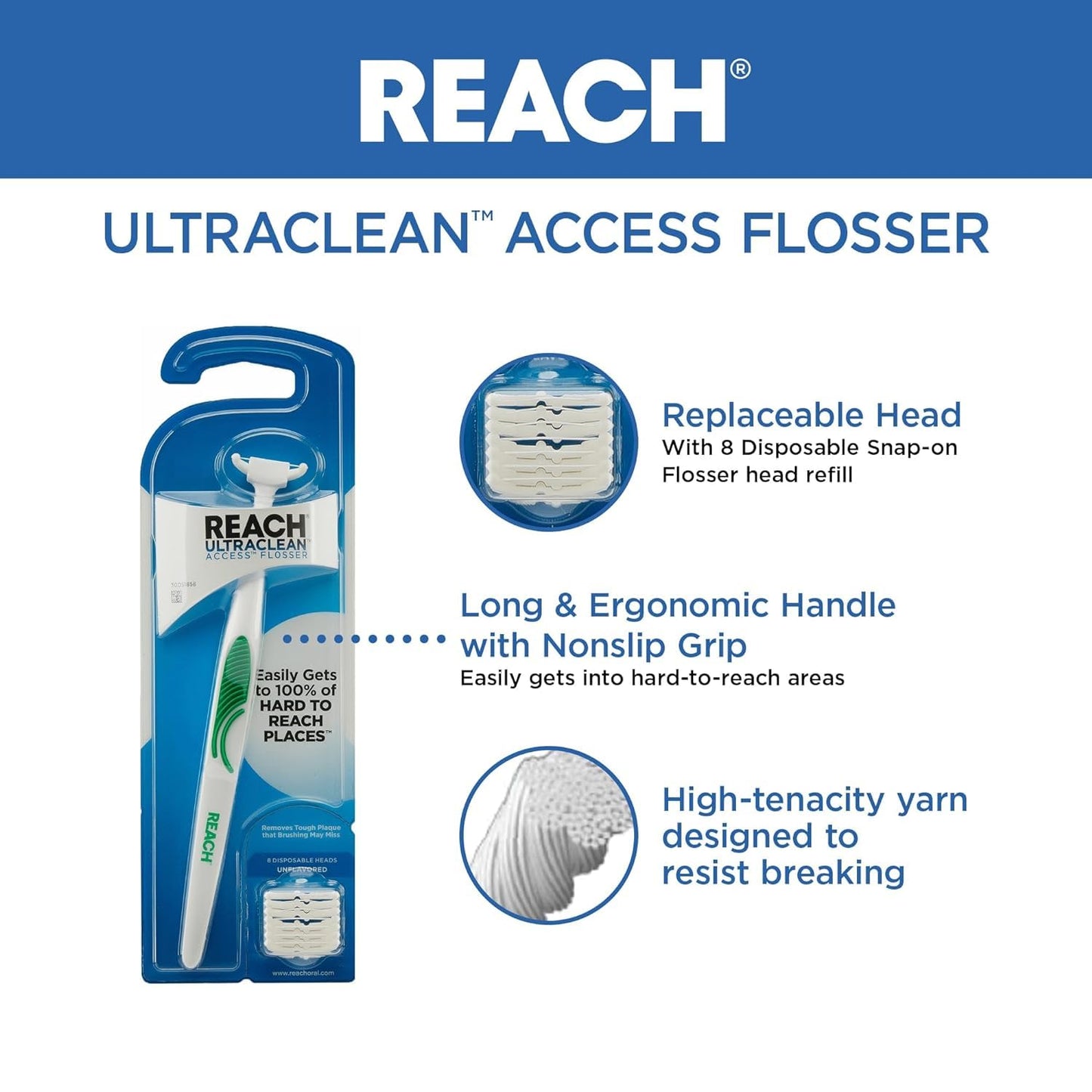 REACH Ultraclean Access Flosser Starter Pack - Durable Yarn Floss & Refills