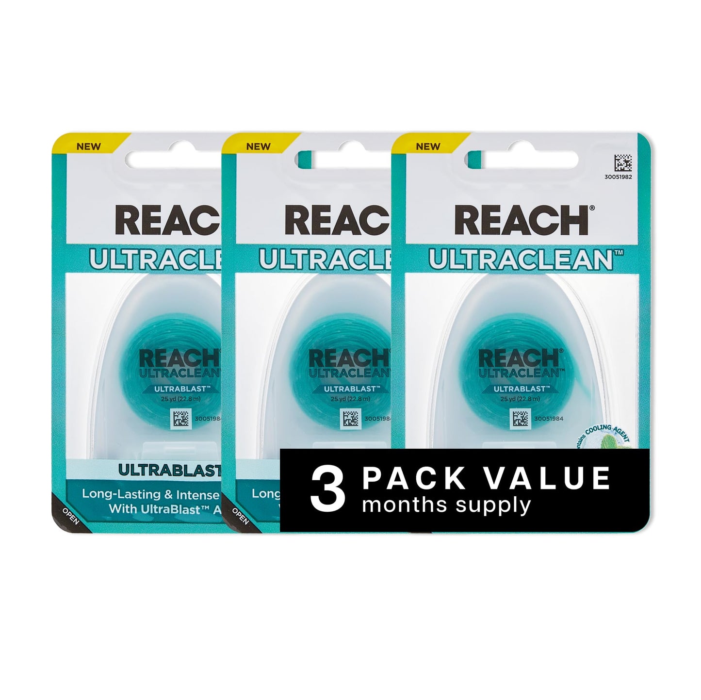 REACH Ultraclean Ultrablast Dental Floss – Cool Mint, 3-Pack, 25 YD