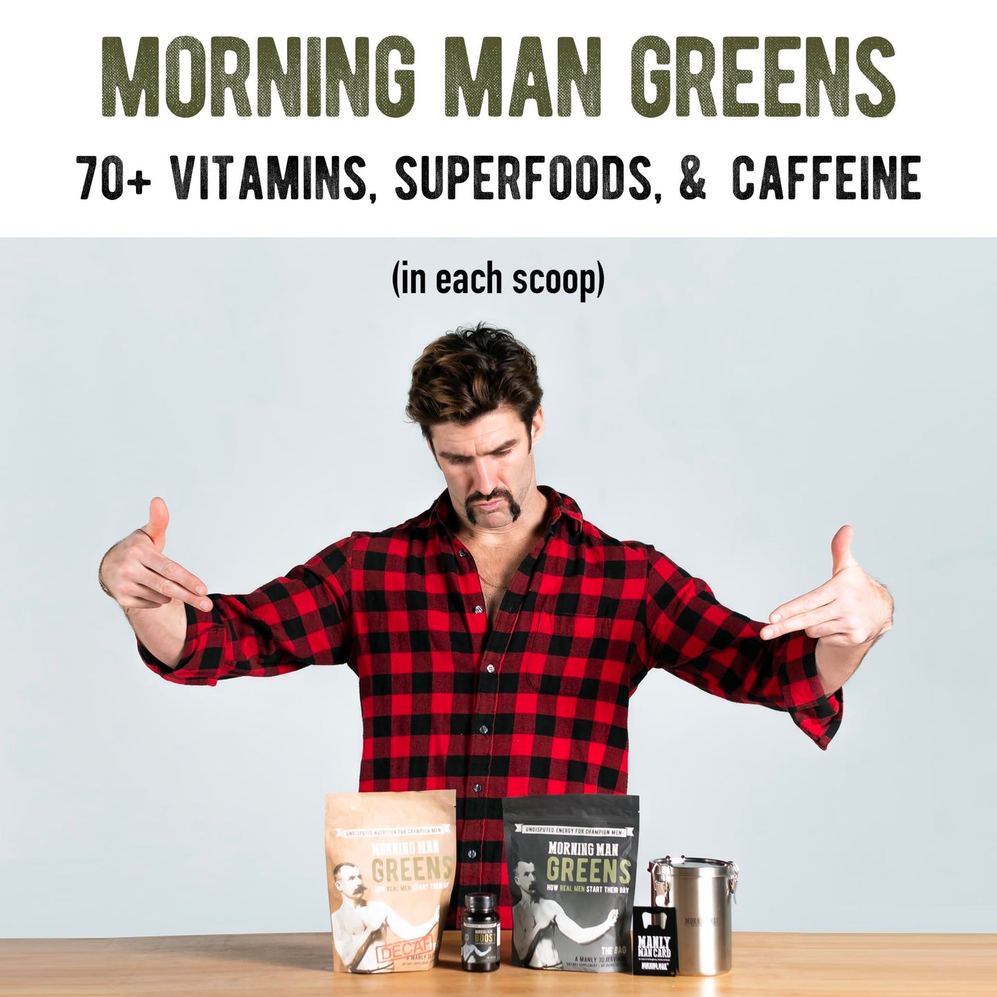 Morning Man Greens Probiotic Superfood Mix – 95mg Caffeine, 75+ Vitamins, Gluten Free, Vegan, 30 Servings
