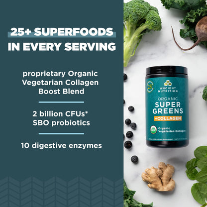 Ancient Nutrition Supergreens Powder – Organic Greens with Collagen, 25 Servings
