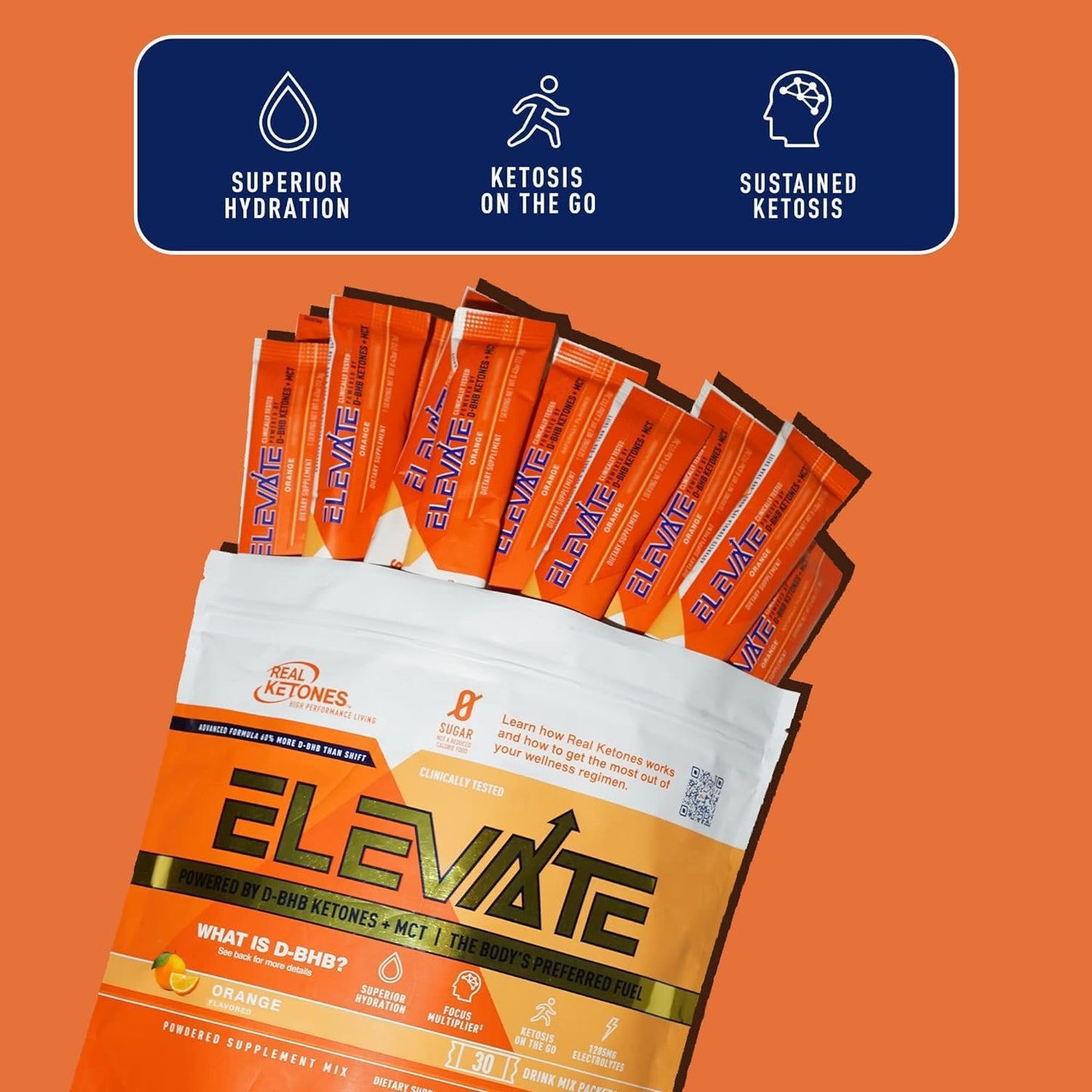 Real Ketones MCT & BHB Exogenous Ketones Drink Packets – Electrolyte Hydration, No Sugar, 30-Pack, Orange
