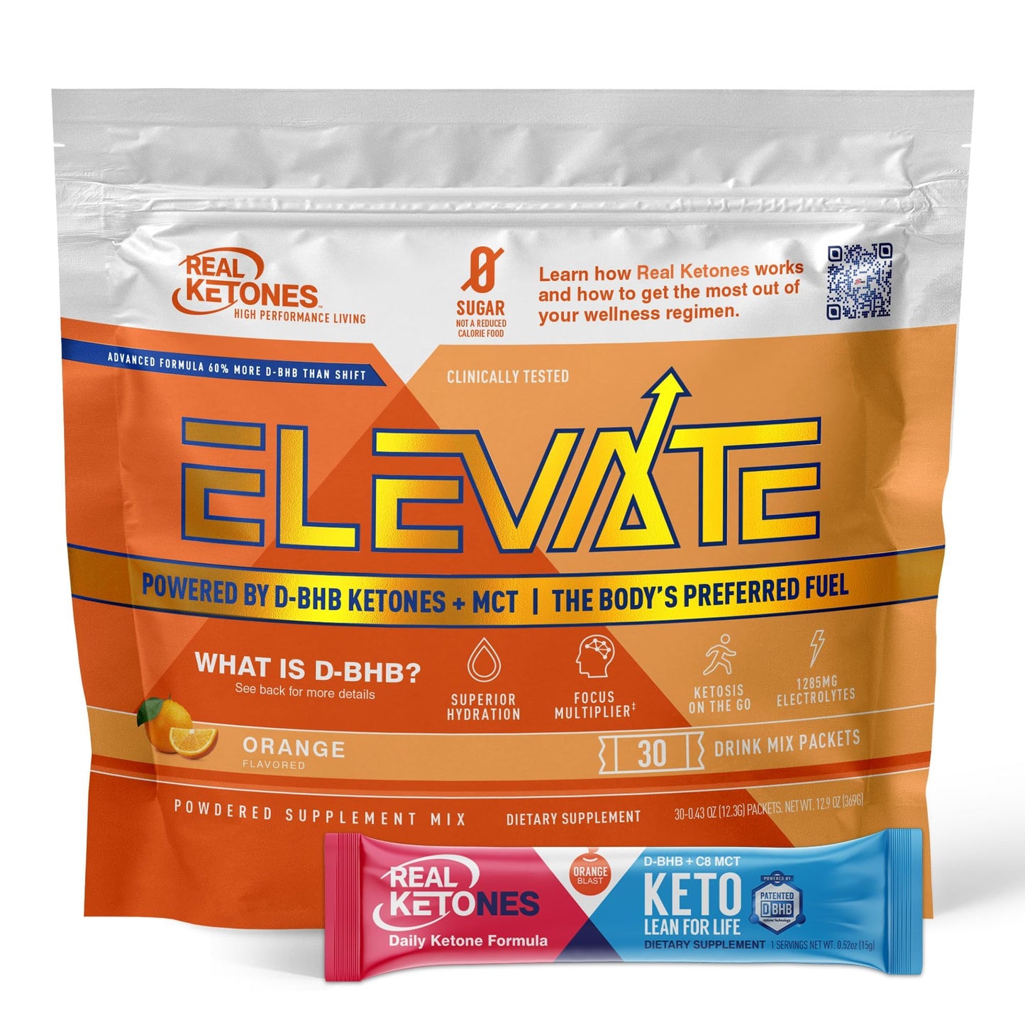 Real Ketones MCT & BHB Exogenous Ketones Drink Packets – Electrolyte Hydration, No Sugar, 30-Pack, Orange
