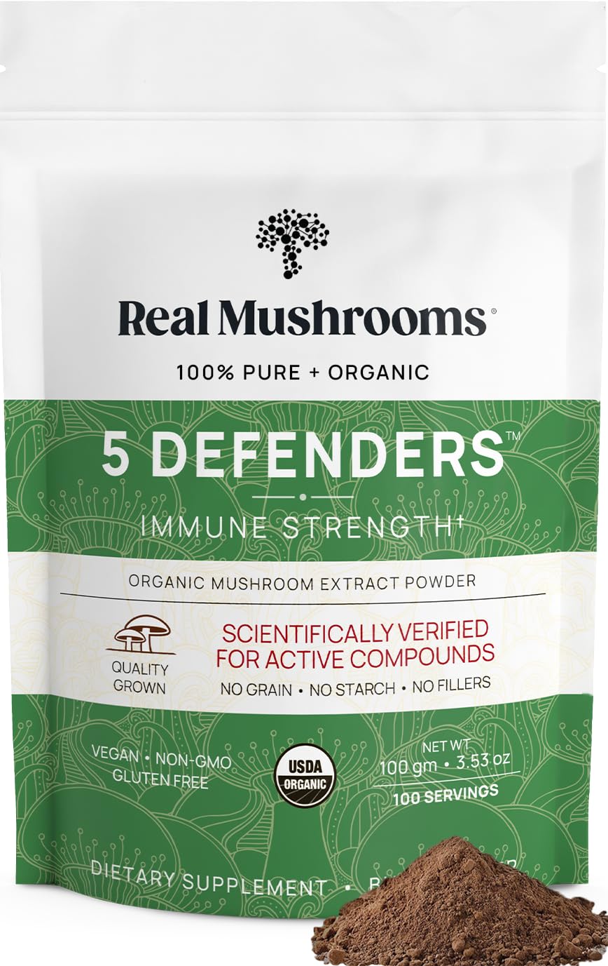Real Mushrooms 5 Defenders Mushroom Complex Powder – Organic 5-Mushroom Blend, 100 Servings