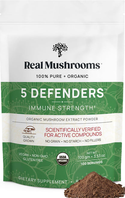 Real Mushrooms 5 Defenders Mushroom Complex Powder – Organic 5-Mushroom Blend, 100 Servings