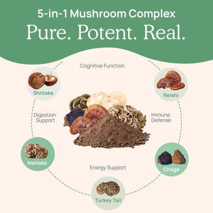 Real Mushrooms 5 Defenders Mushroom Complex Powder – Organic 5-Mushroom Blend, 100 Servings