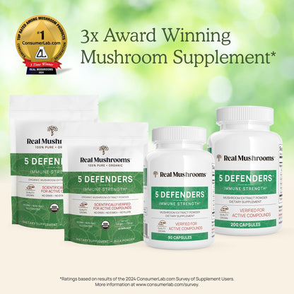 Real Mushrooms 5 Defenders Mushroom Complex Powder – Organic 5-Mushroom Blend, 100 Servings