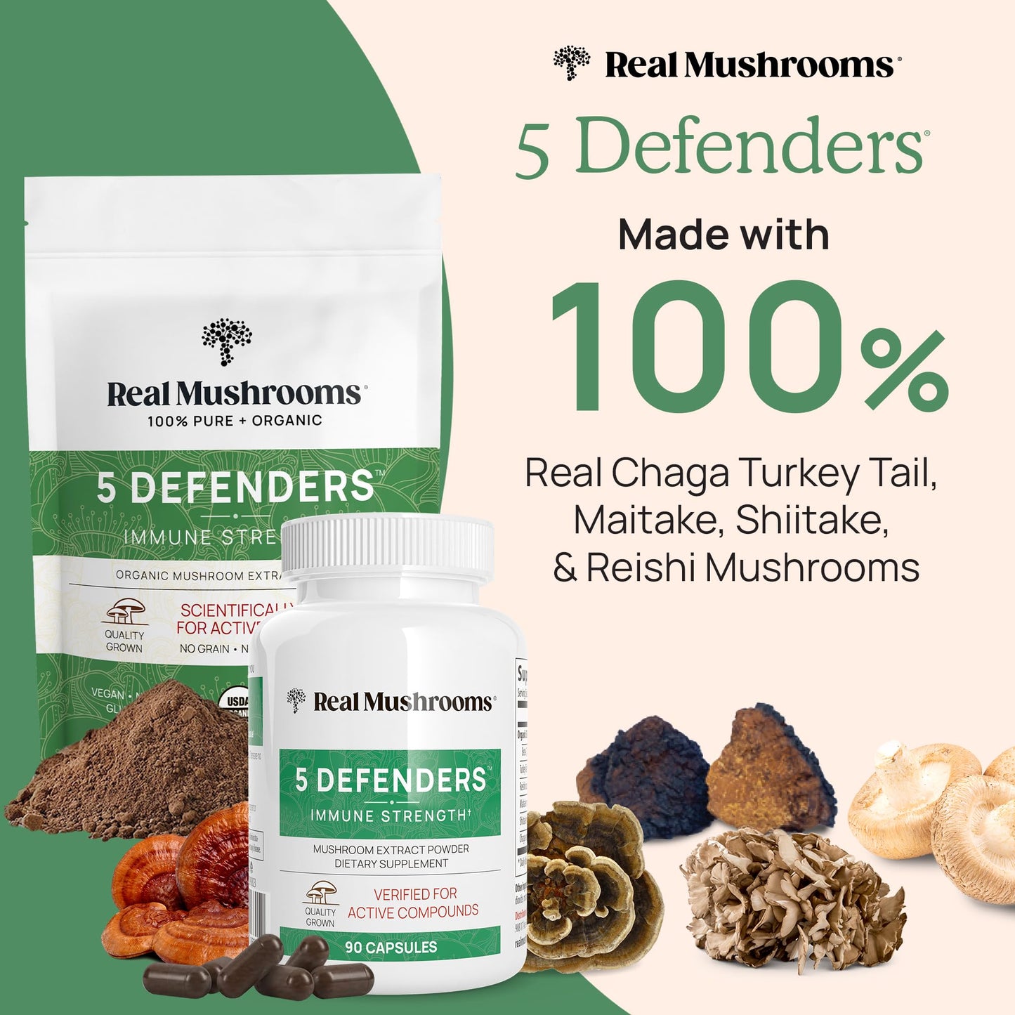 Real Mushrooms 5 Defenders Mushroom Complex – 5-Mushroom Beta Glucans (45 Servings)