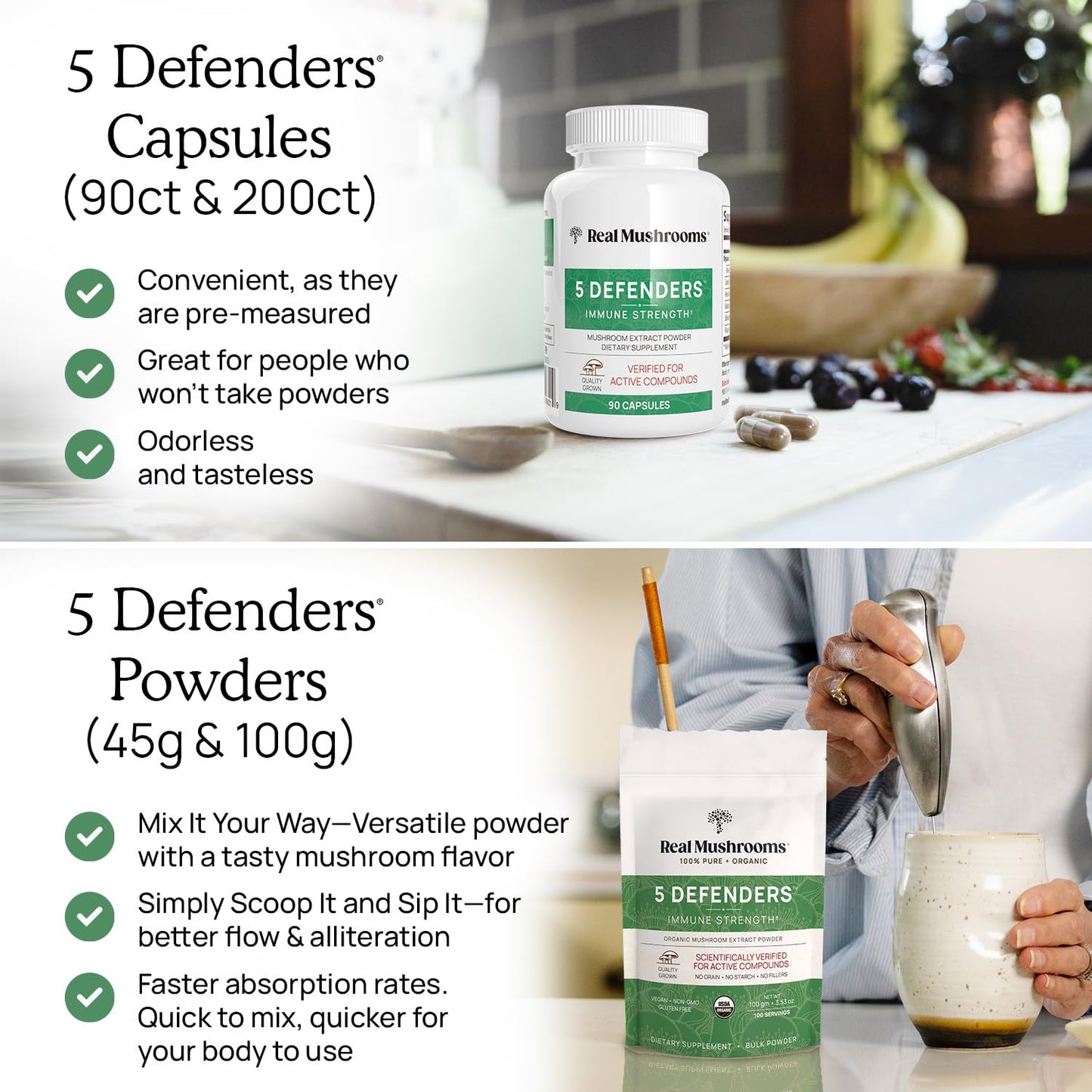 Real Mushrooms 5 Defenders – Adaptogenic Mushroom Complex (90 Count)