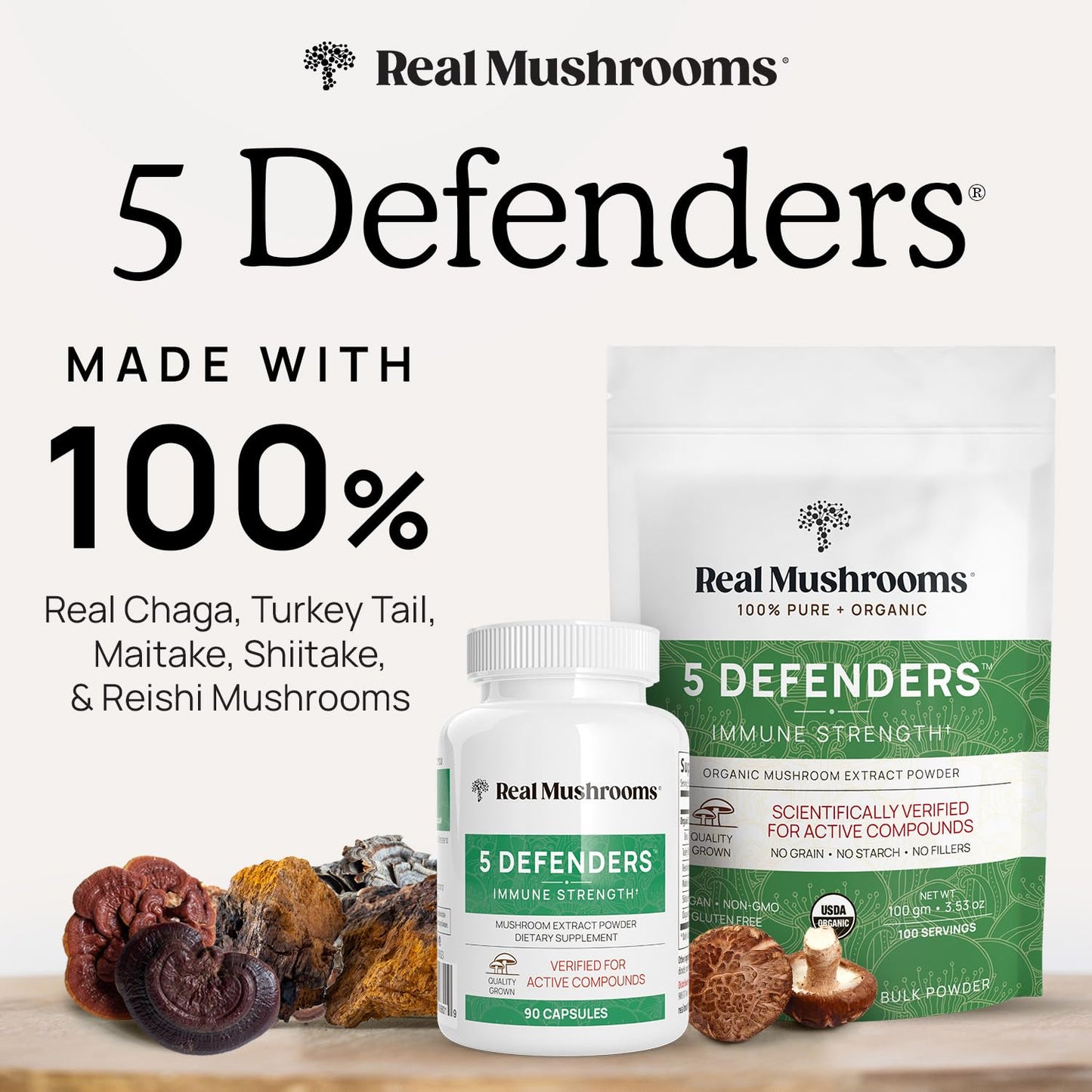Real Mushrooms 5 Defenders – Adaptogenic Mushroom Complex (90 Count)