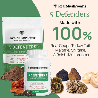 Real Mushrooms 5 Defenders Mushroom Complex – 5-Mushroom Beta Glucans (45 Servings)