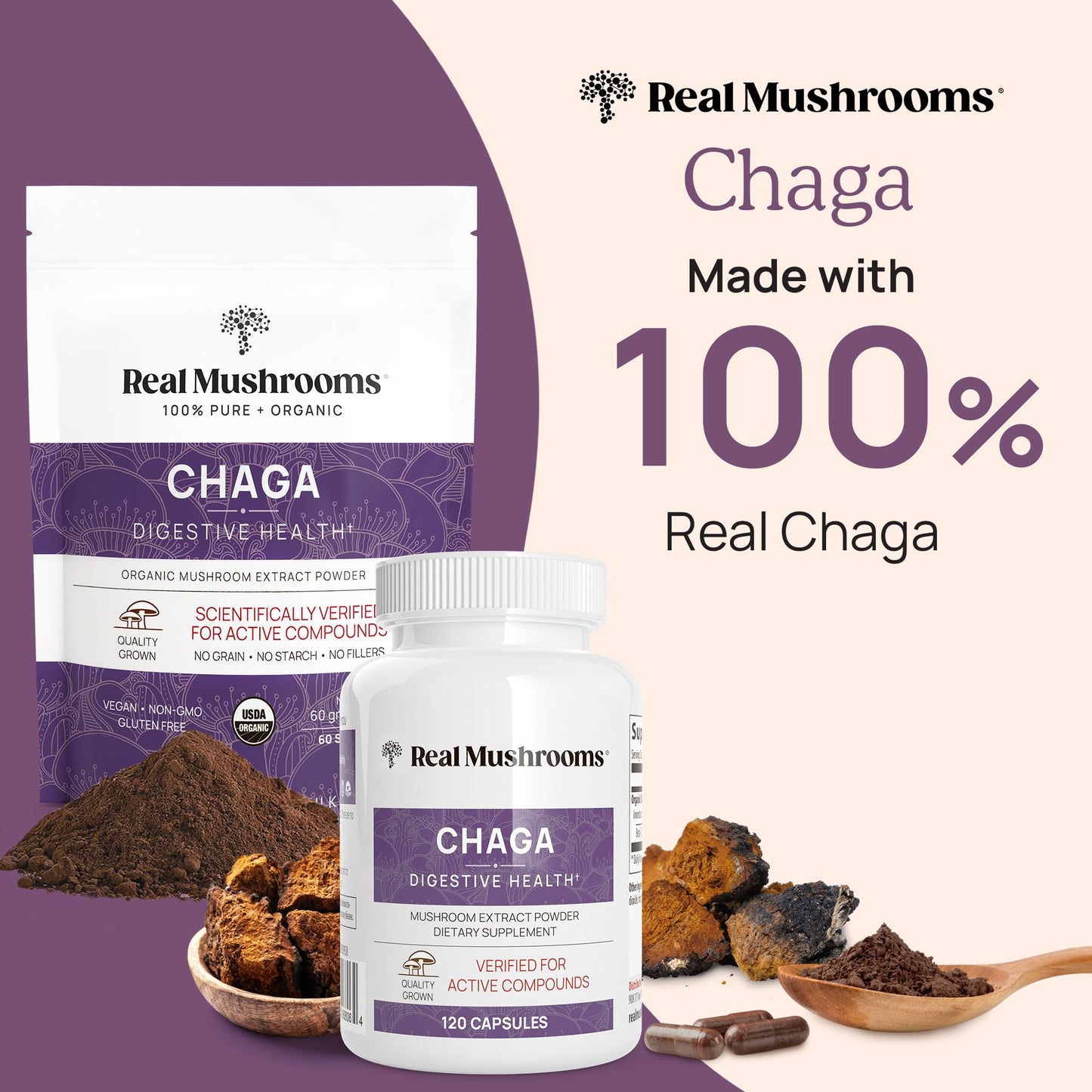 Real Mushrooms Chaga Capsules – Organic Chaga Extract, Vegan & Non-GMO, 300 Capsules