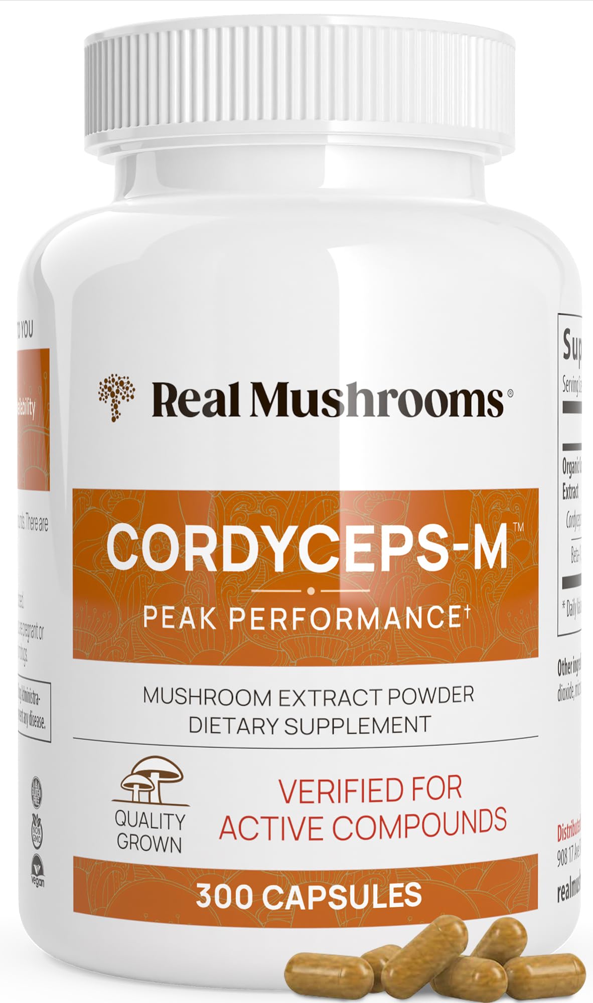 Real Mushrooms Cordyceps Capsules – Organic Cordyceps Militaris, 300 Vegan Capsules | 8% Beta-Glucans, Made in USA
