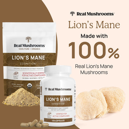 Real Mushrooms Lion’s Mane Supplement Capsules - Organic, Vegan, 300 ct, Beta-Glucan Rich
