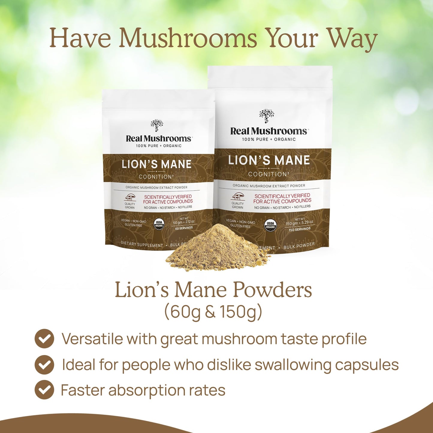 Real Mushrooms Lion’s Mane Supplement Powder – Organic Lion’s Mane Extract, 150 Servings