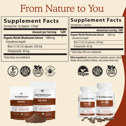 Real Mushrooms Reishi Powder – Organic Red Reishi Extract, 45 Servings, Beta-Glucans